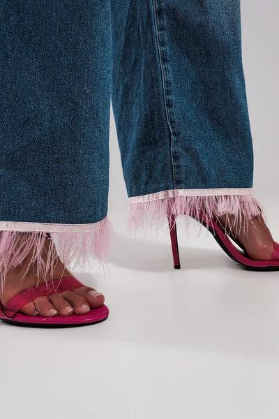 Straight leg jeans with PINK faux feather hem - Jeans