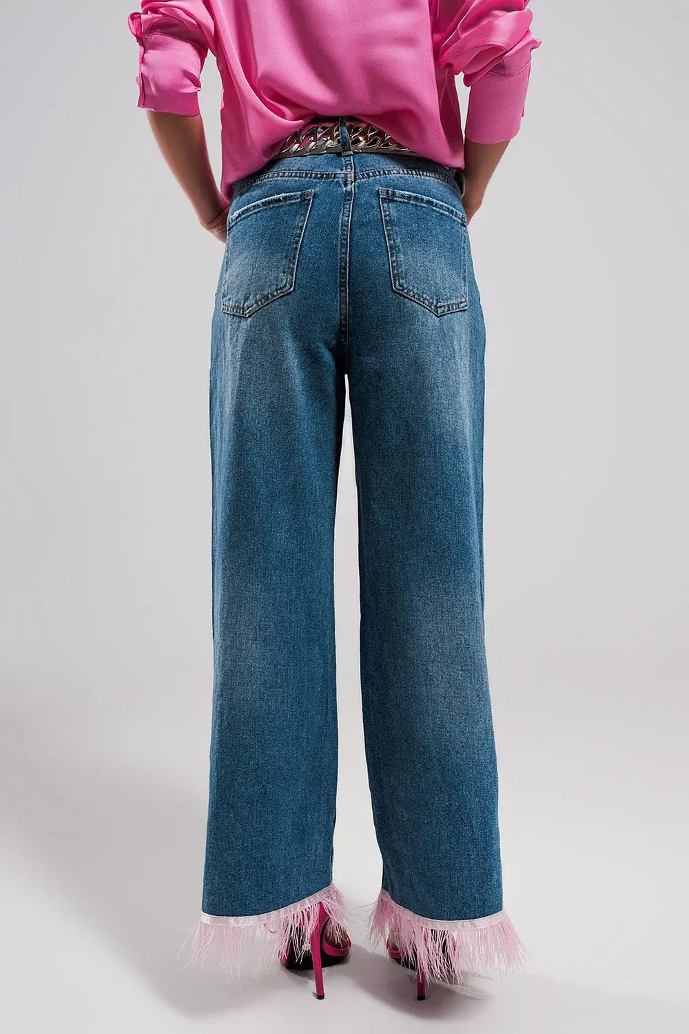 Straight leg jeans with PINK faux feather hem - Jeans