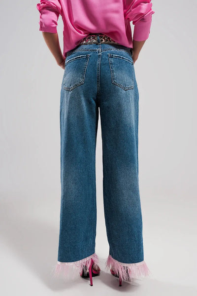 Straight leg jeans with PINK faux feather hem - Jeans