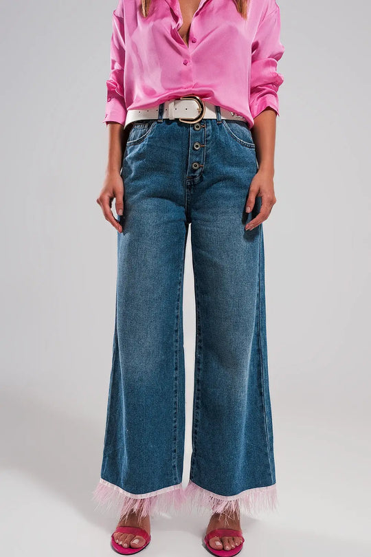 Straight leg jeans with PINK faux feather hem - Jeans