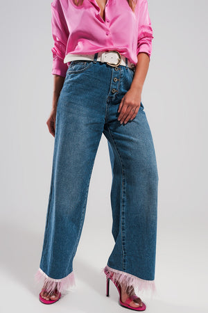 Q2 Straight leg jeans with PINK faux feather hem