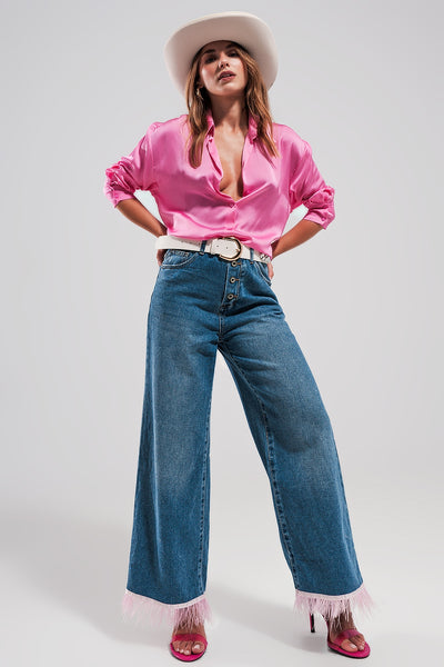 Straight leg jeans with PINK faux feather hem