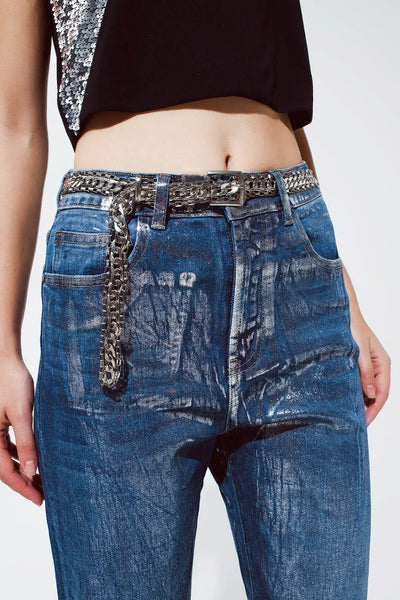 Straight Leg Jeans with silver metallic finish - Jeans