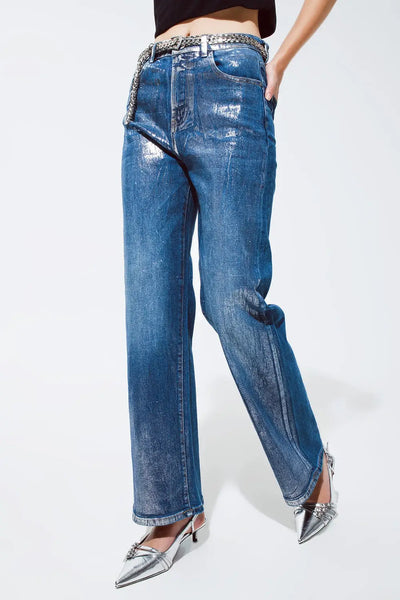 Straight Leg Jeans with silver metallic finish - Jeans
