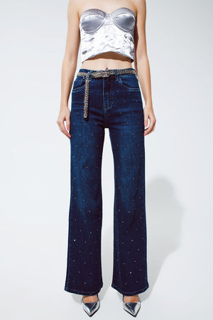 Q2 Straight Leg Jeans with strass detail in Blue