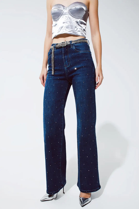 Straight Leg Jeans with strass detail in Blue - Jeans