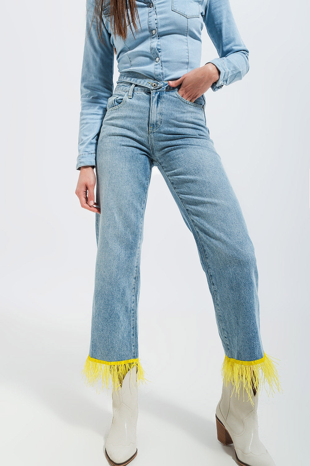 Q2 Straight leg jeans with yellow faux feather hem