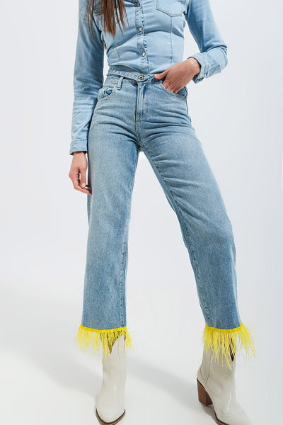 Q2 Straight leg jeans with yellow faux feather hem