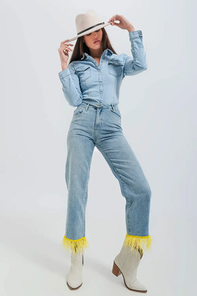 Straight leg jeans with yellow faux feather hem - Jeans