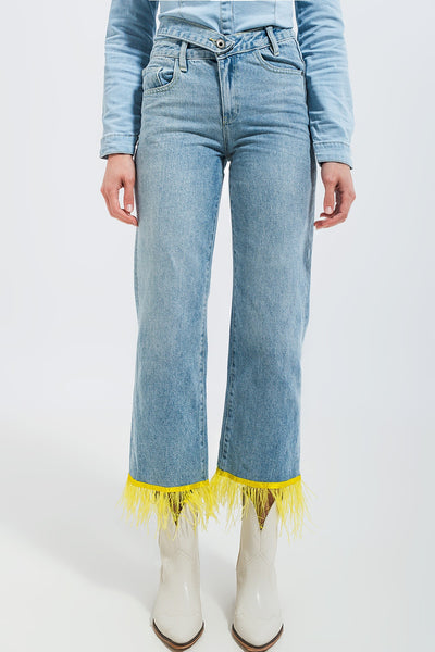 Straight leg jeans with yellow faux feather hem