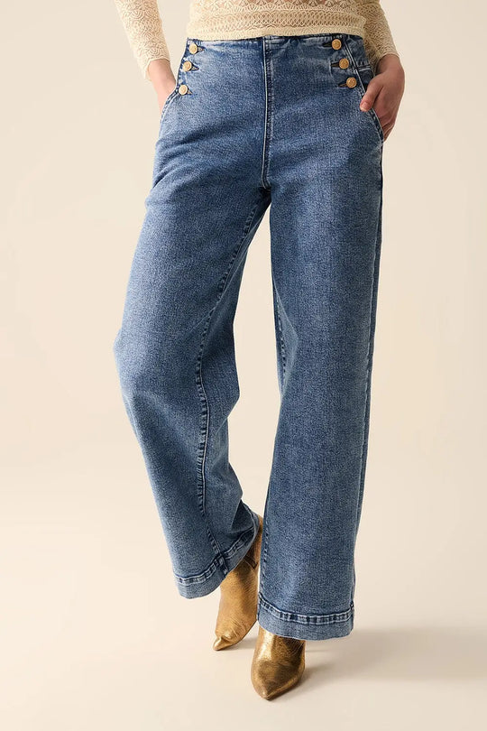 Straight Leg Marine Jeans With Gold Buttons in Mid Wash - Jeans