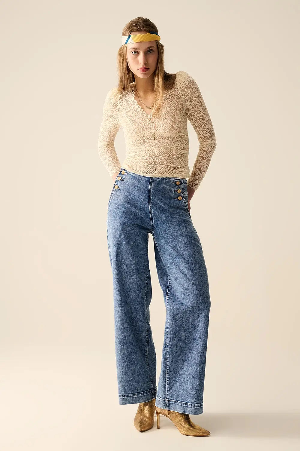 Straight Leg Marine Jeans With Gold Buttons in Mid Wash - Jeans
