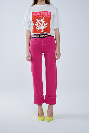 Q2 Straight leg Pants with cropped hem in magenta