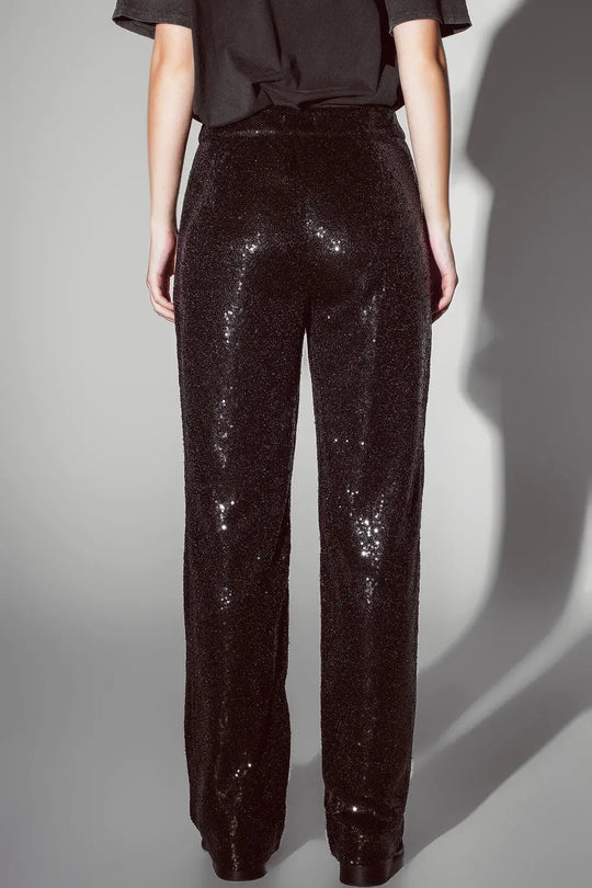 Straight Leg Sequin Pants in Black - Pants