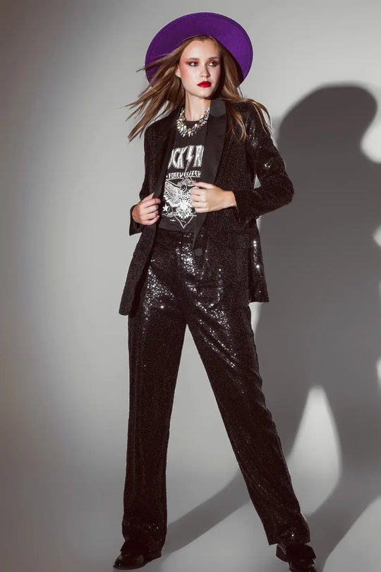 Straight Leg Sequin Pants in Black - Pants