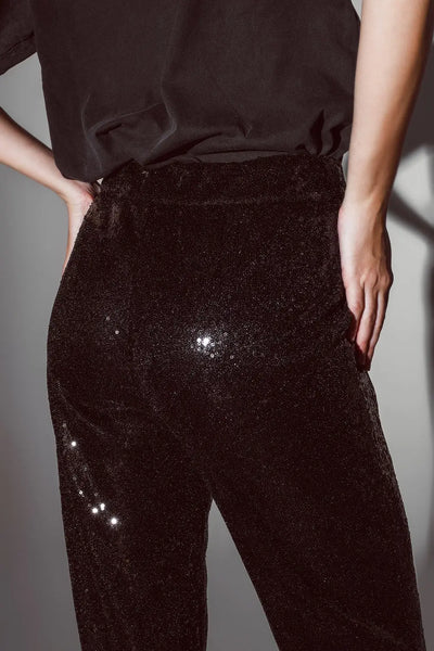 Straight Leg Sequin Pants in Black - Pants