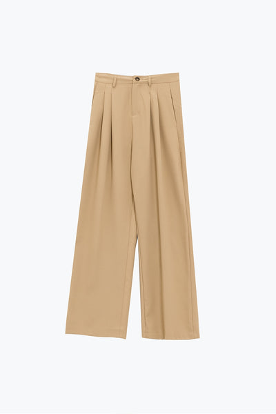 Straight Leg Trousers With Side Pockets and Darts in Beige