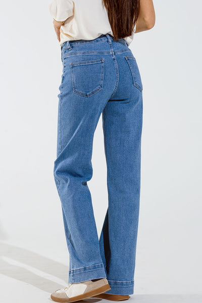 Straight Marine Style Jeans With Golden Buttons Details On The Side in Mid Blue