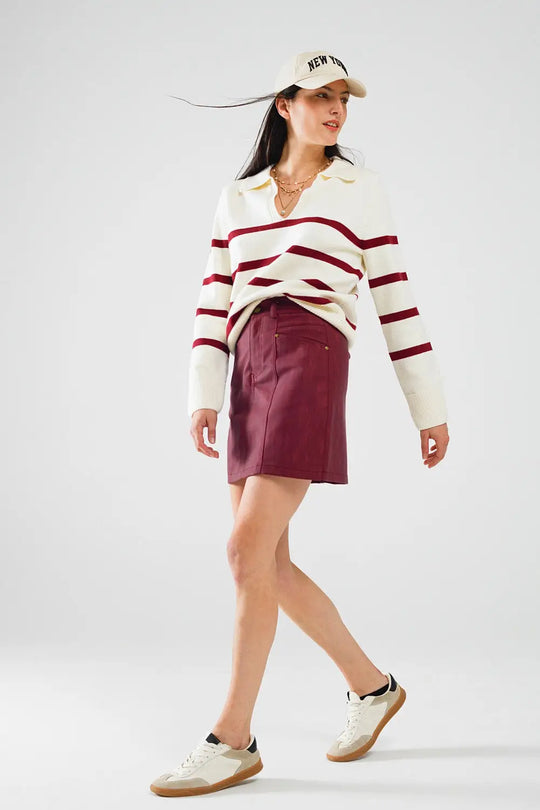 Straight mini skirt in burgundy with pockets - Skirts