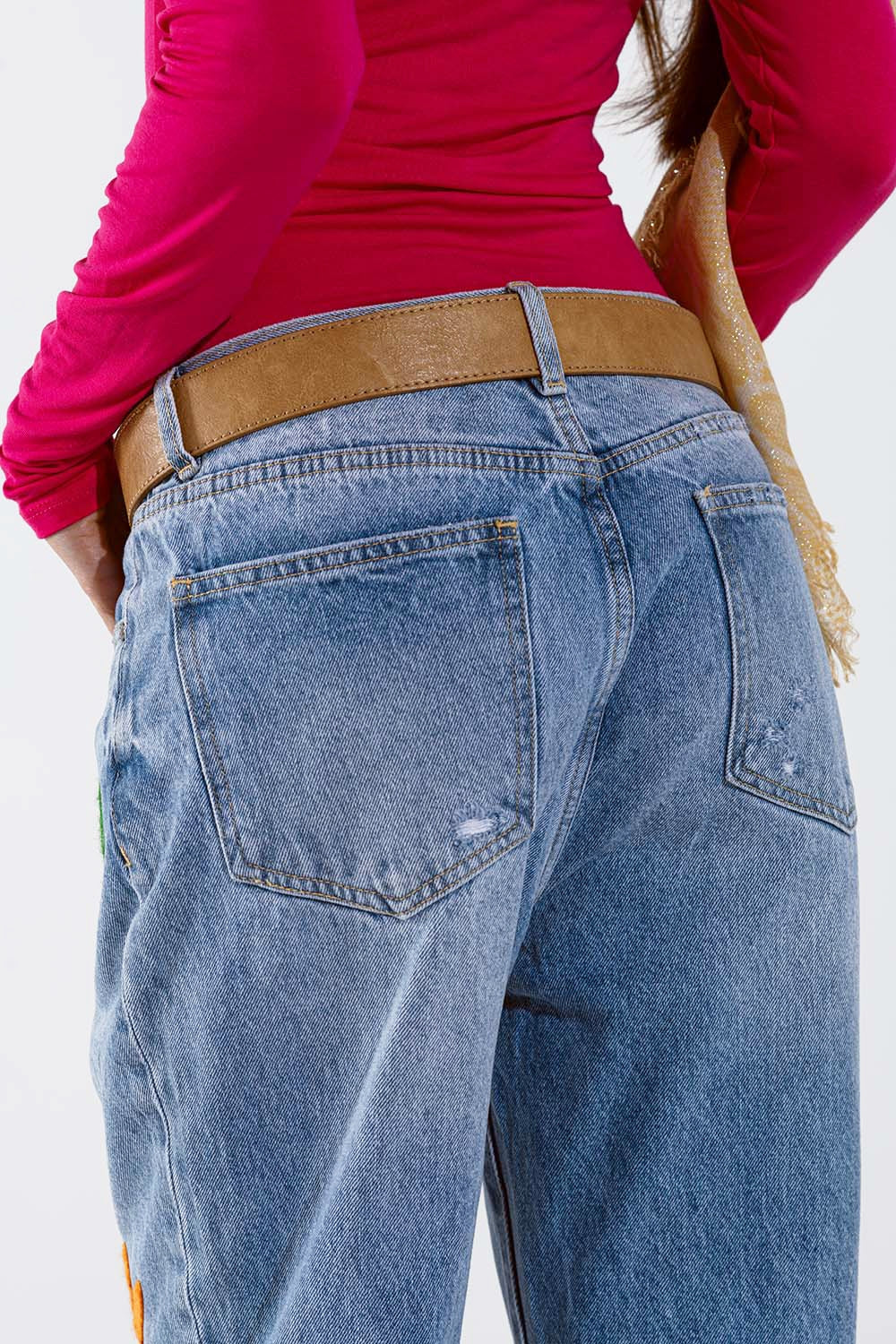 Straight Mom Jeans With Flower Detail In Washed Blue