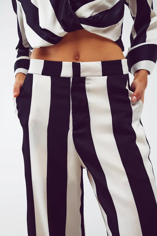 Straight Pants Stripe design and Relaxed fit in Black and White - Pants