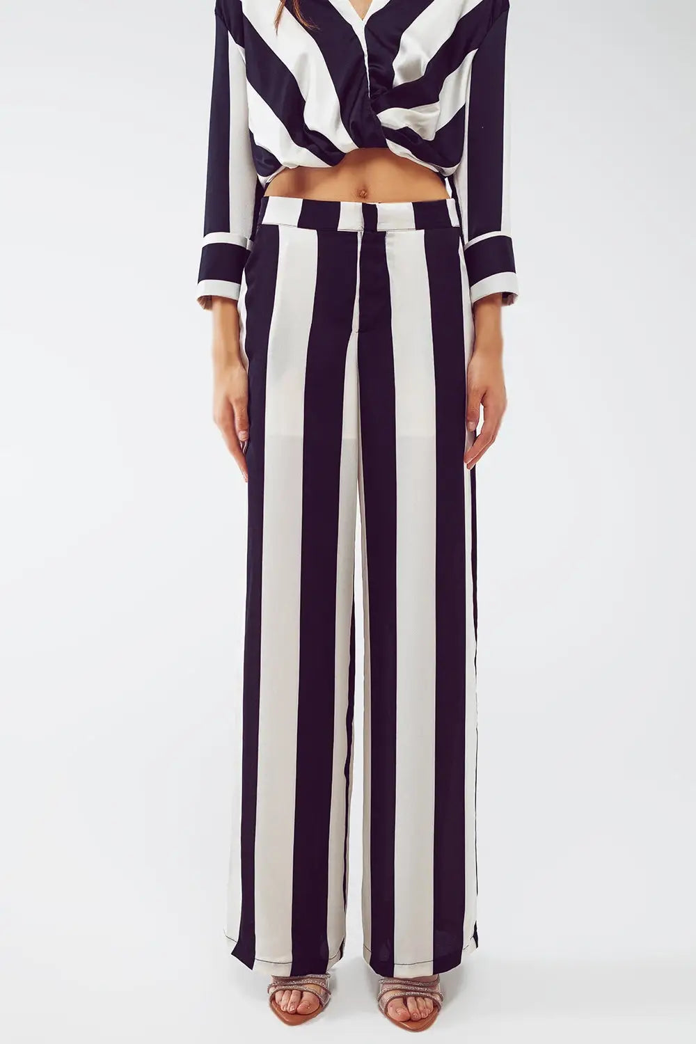 Straight Pants Stripe design and Relaxed fit in Black and White - Pants