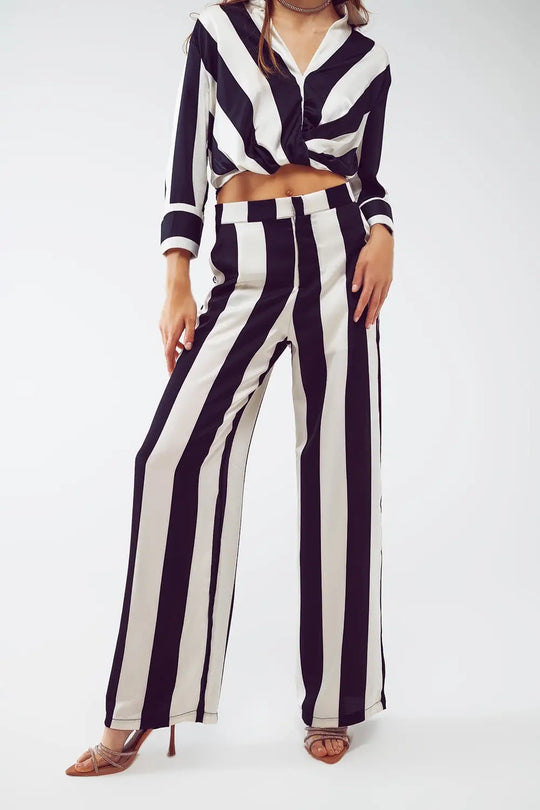 Straight Pants Stripe design and Relaxed fit in Black and White - Pants