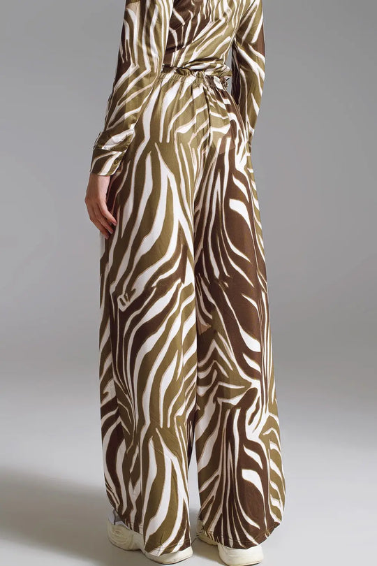 Straight Pants with zebra print in Olive Green and White - Pants