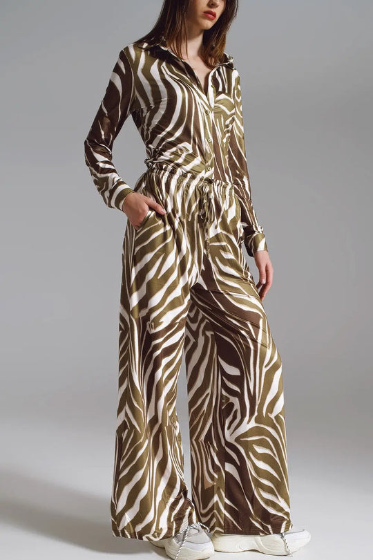 Straight Pants with zebra print in Olive Green and White - Pants