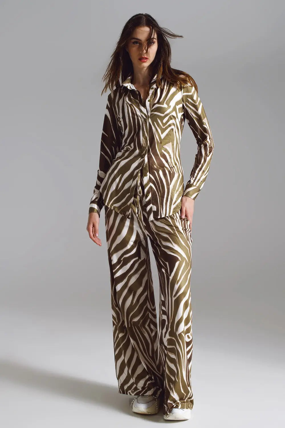 Straight Pants with zebra print in Olive Green and White - Pants