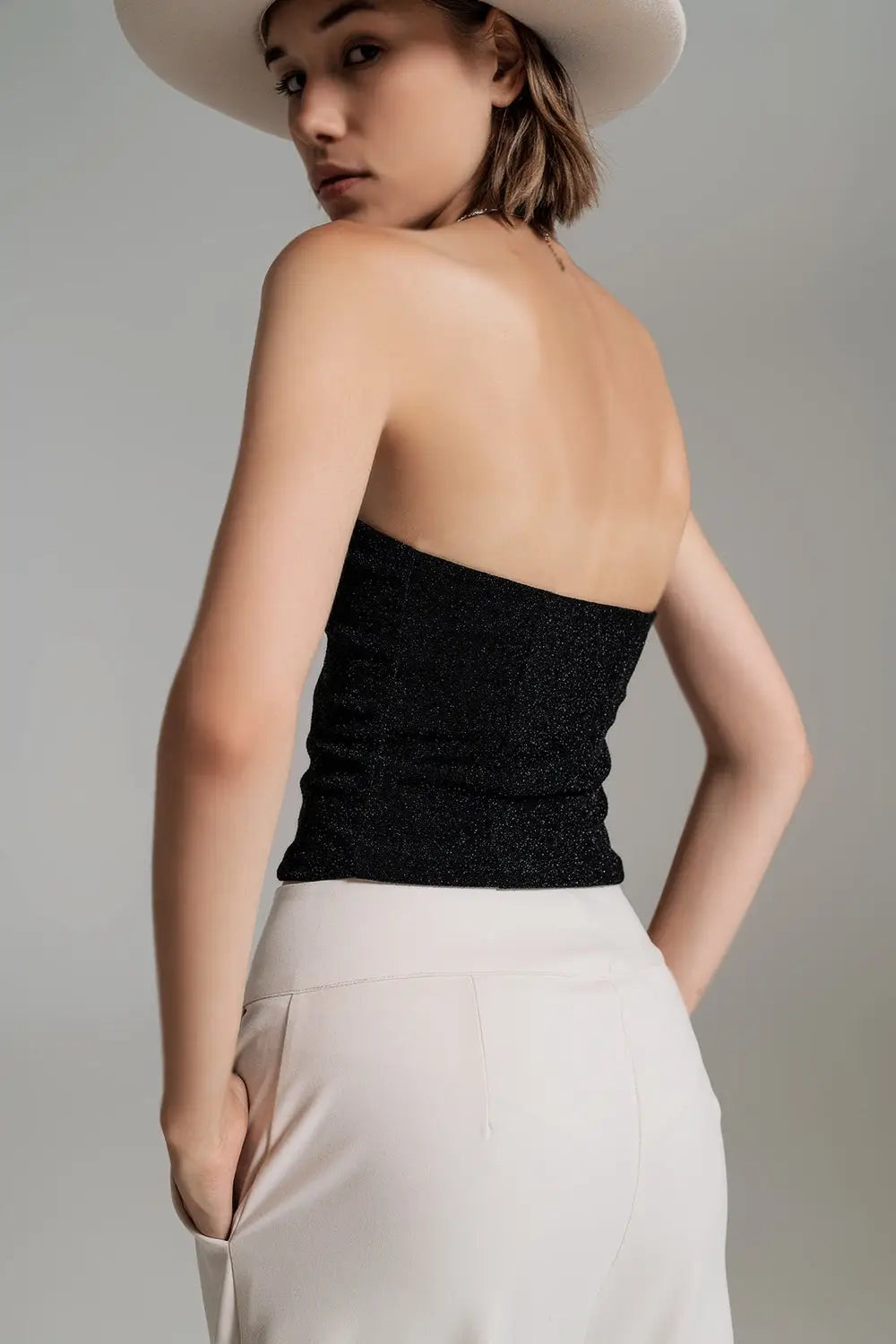 Strapless Shiny Tube Top In Black - Tops
