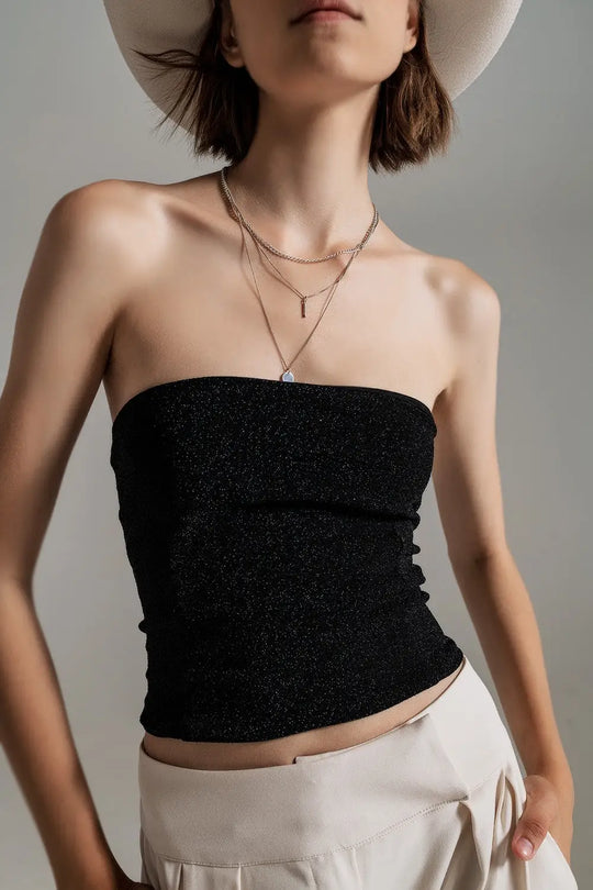 Strapless Shiny Tube Top In Black - Tops