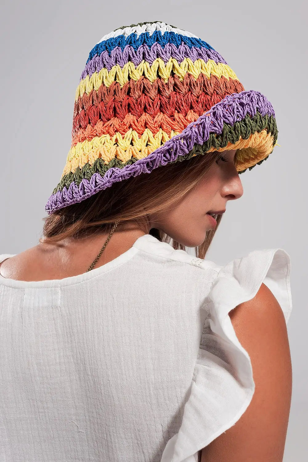 Straw bucket hat in rainbow - One Size / Orange