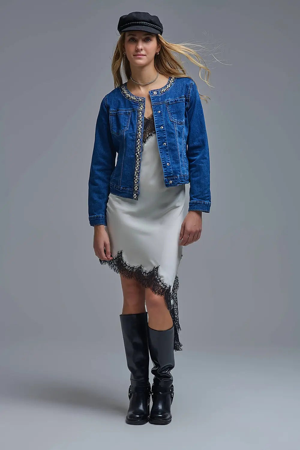 Stretch Denim Embellished Denim Jacket in Blue - Coats and Jackets
