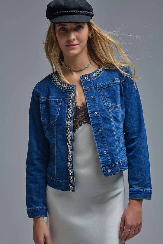 Q2 Stretch Denim Embellished Denim Jacket in Blue
