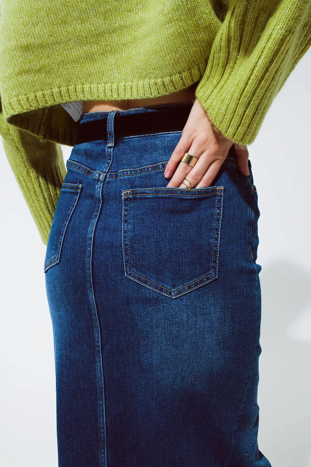 Stretch Denim Maxi Skirt With Slit At The Front In Mid Wash - Skirts