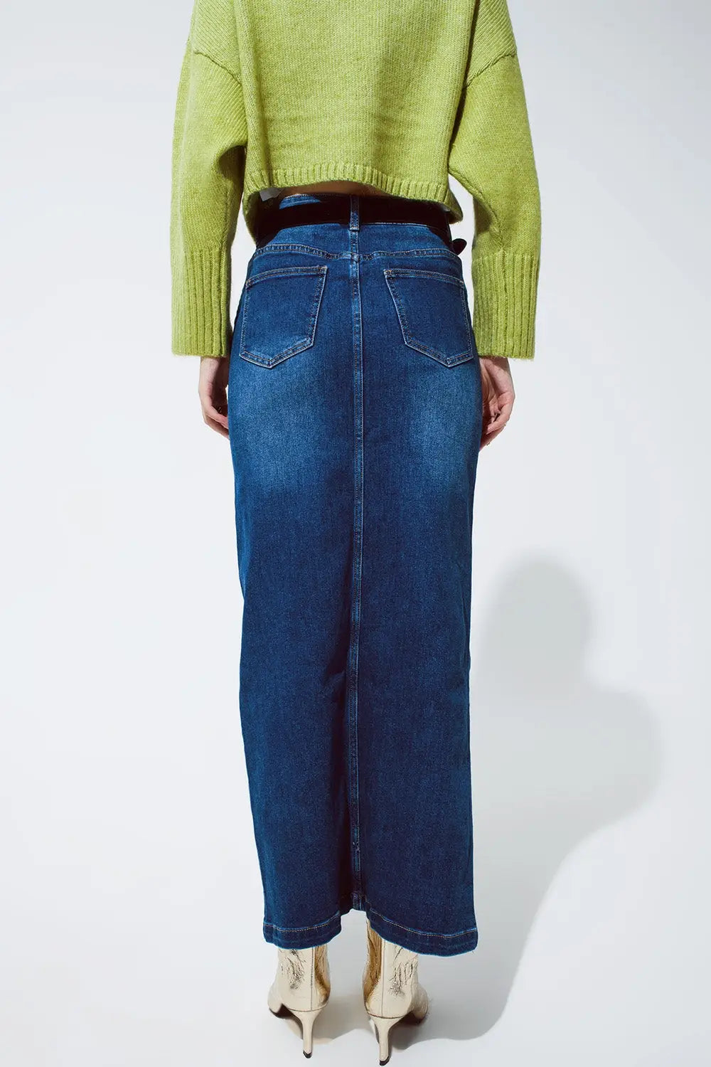Stretch Denim Maxi Skirt With Slit At The Front In Mid Wash - Skirts