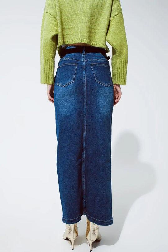 Stretch Denim Maxi Skirt With Slit At The Front In Mid Wash - Skirts