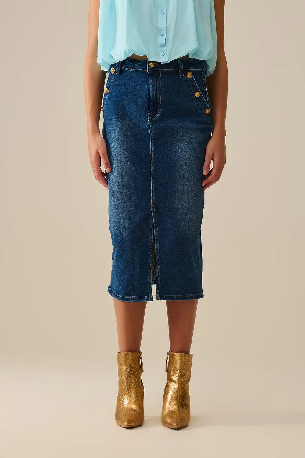 Q2 Stretch Denim Midi Skirt With Gold Button Details