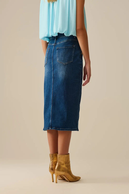 Stretch Denim Midi Skirt With Gold Button Details - Skirts