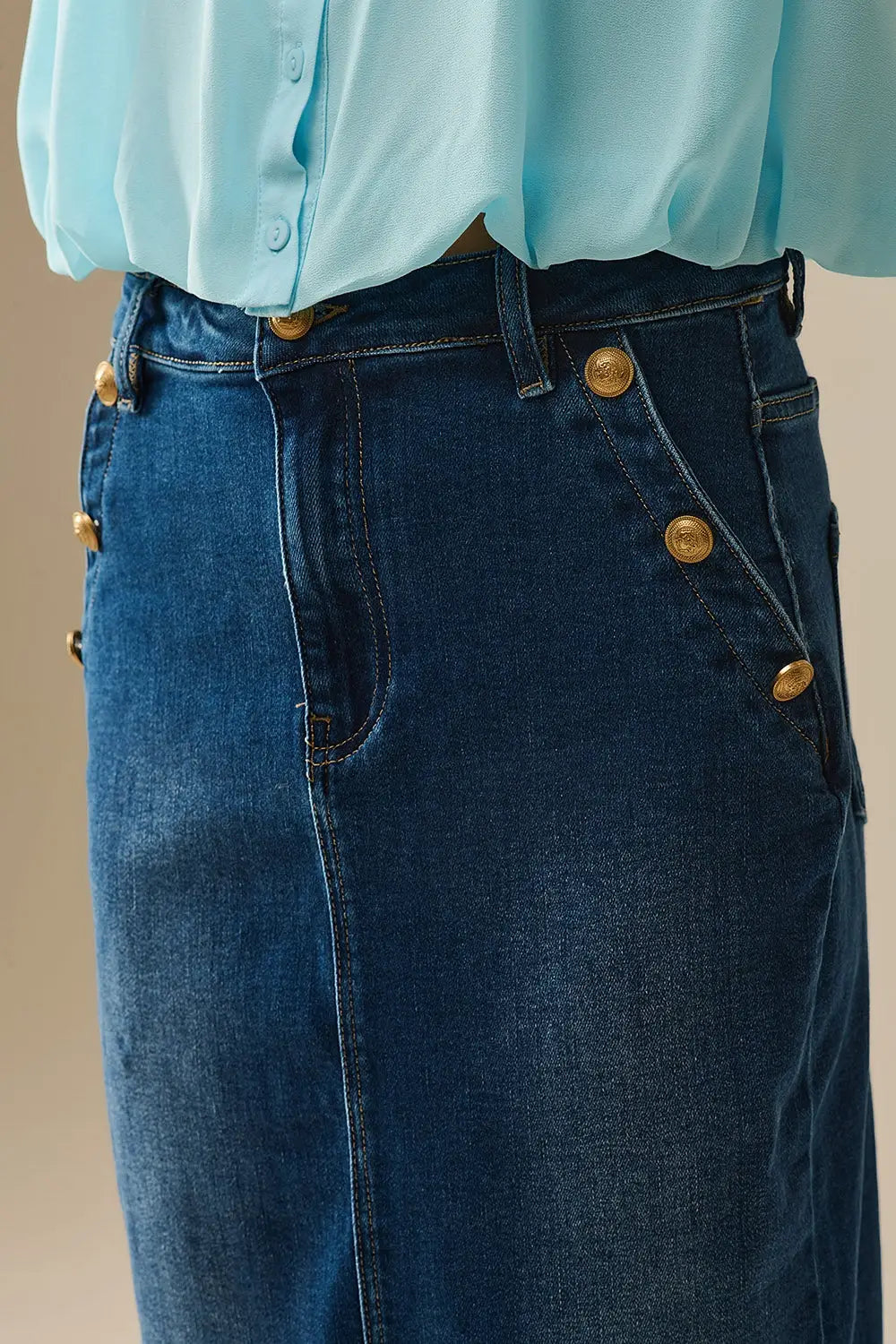 Stretch Denim Midi Skirt With Gold Button Details - Skirts