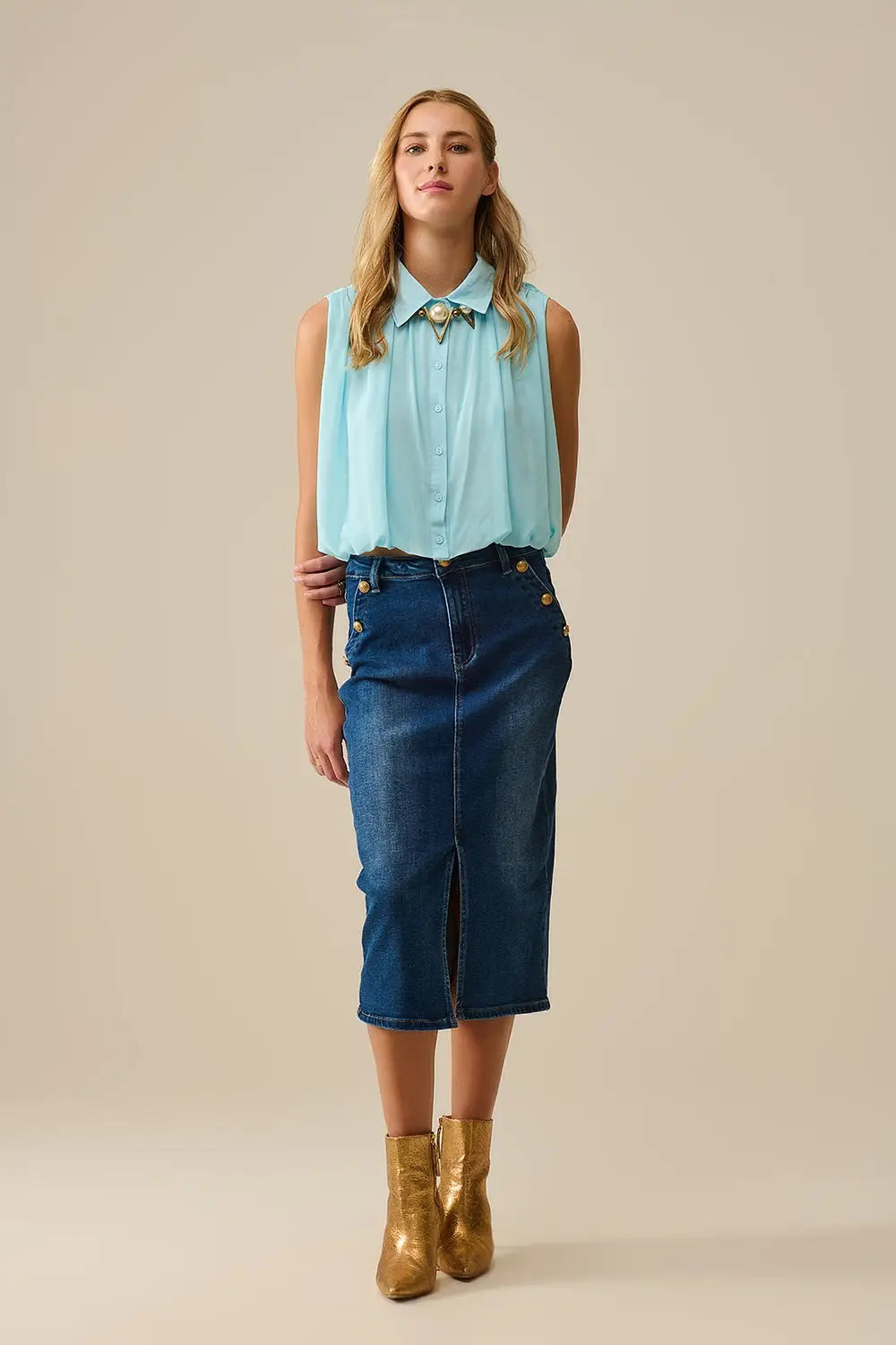 Stretch Denim Midi Skirt With Gold Button Details - Skirts