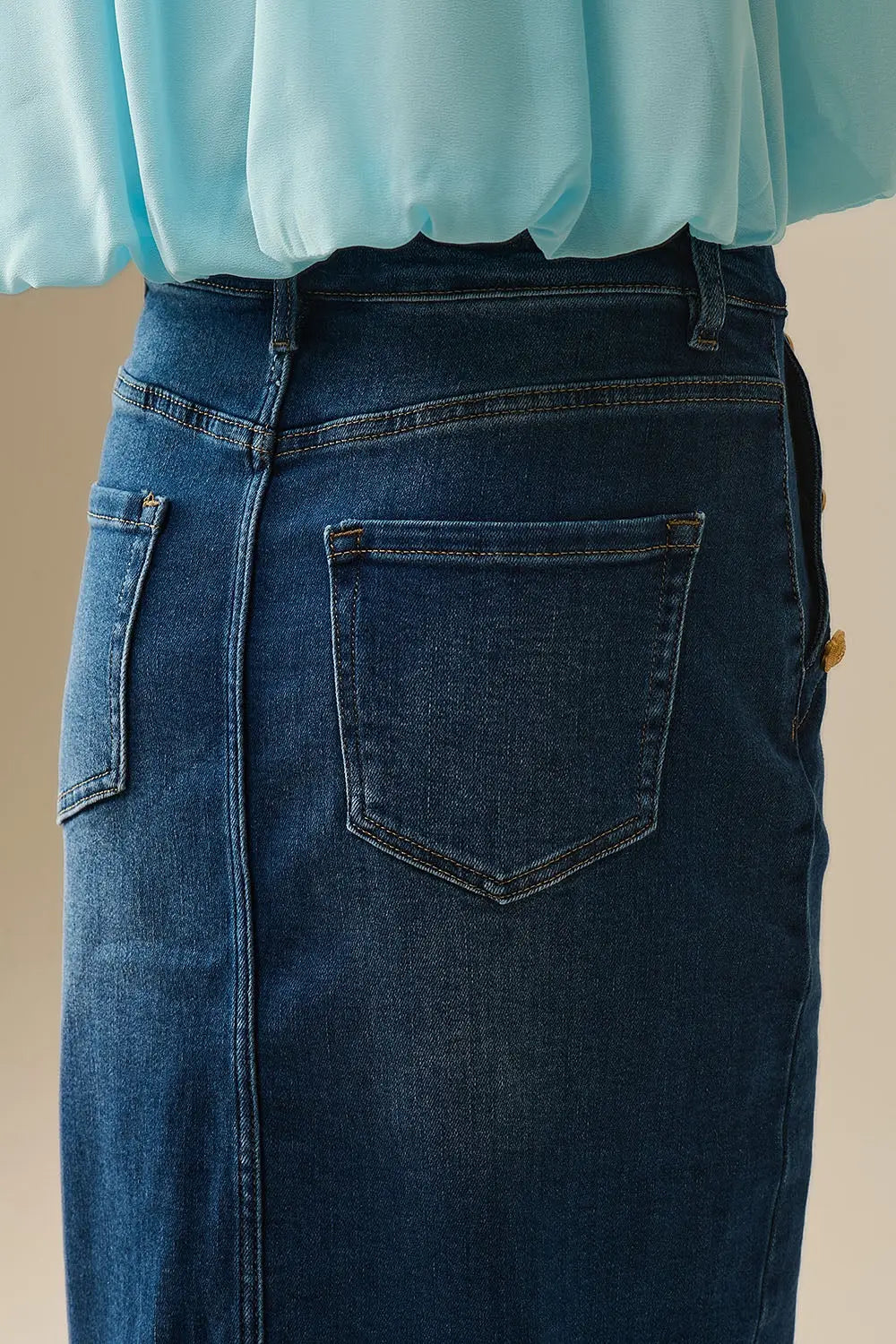 Stretch Denim Midi Skirt With Gold Button Details - Skirts