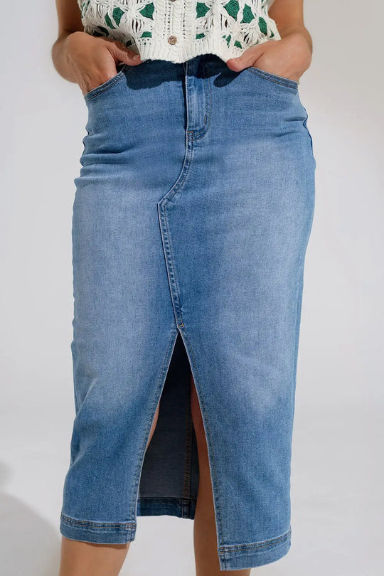 Stretch Denim Midi Skirt With Split Down The Front - Skirts