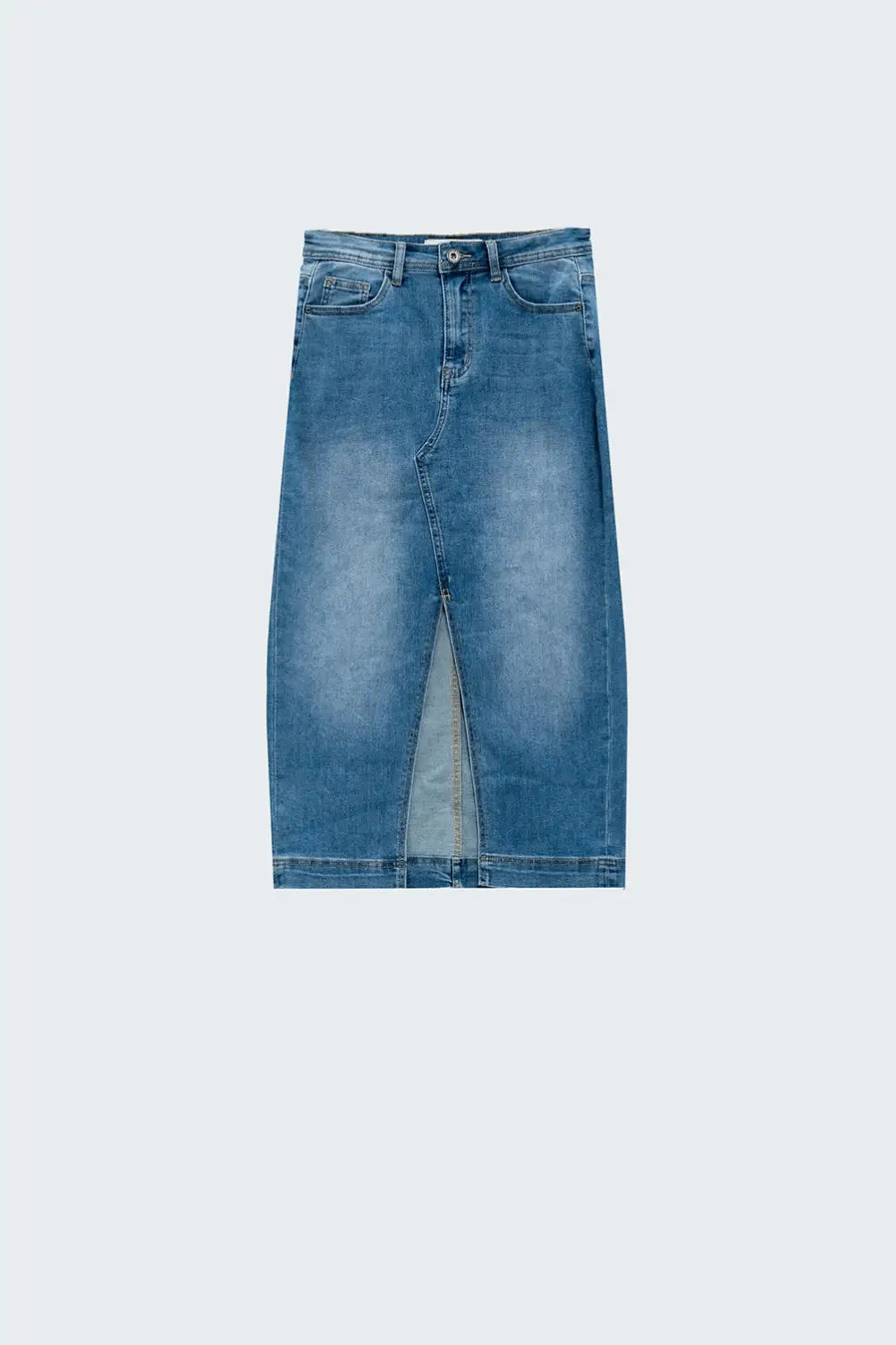 Stretch Denim Midi Skirt With Split Down The Front - Skirts