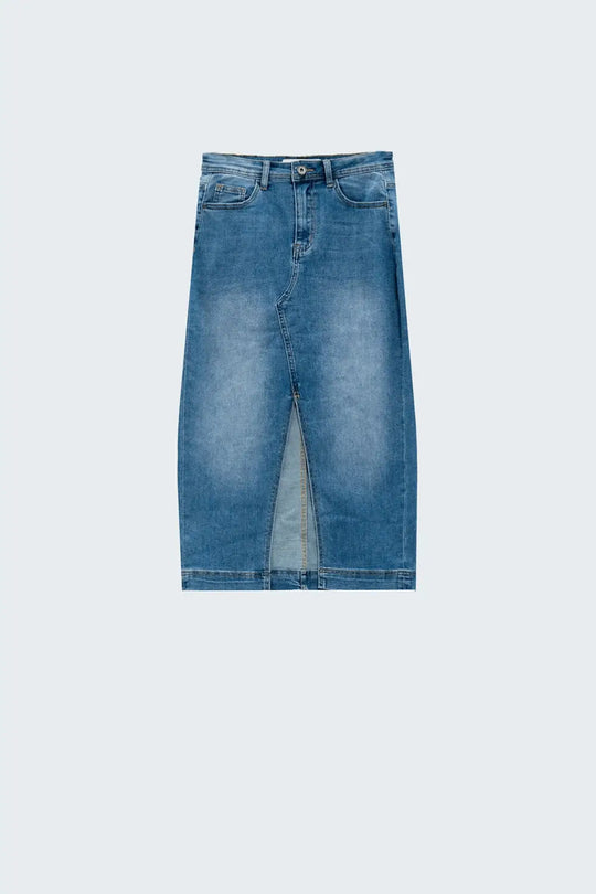 Stretch Denim Midi Skirt With Split Down The Front - Skirts
