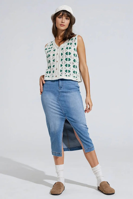 Stretch Denim Midi Skirt With Split Down The Front - Skirts