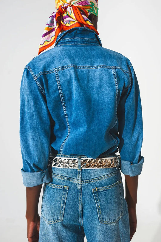 Stretch denim shirt in mid blue - Shirts