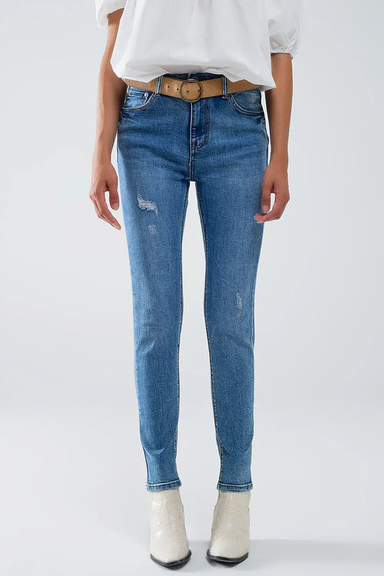 Stretch Denim super Skinny Jeans In MIdwash With Distress Details - Jeans