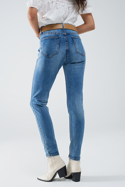 Stretch Denim super Skinny Jeans In MIdwash With Distress Details